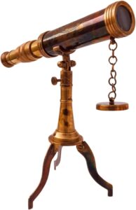 Table Top Decorative Telescope with a vintage nautical design, featuring a solid brass body and a wooden tripod stand, perfect for home or office decor.