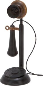 Antique phone decor featuring an old-time candlestick telephone made of iron with a distressed black and brown finish, perfect for vintage-themed spaces.