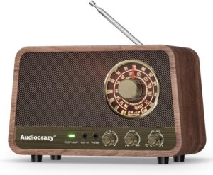 Retro radio with Bluetooth speaker in a warm wooden color finish, blending vintage style with modern technology.