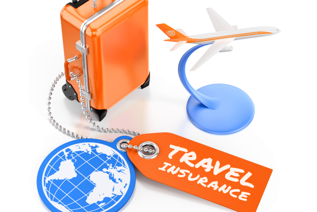 An animated illustration of a briefcase, an airplane, and a globe representing travel essentials and the importance of travel insurance.