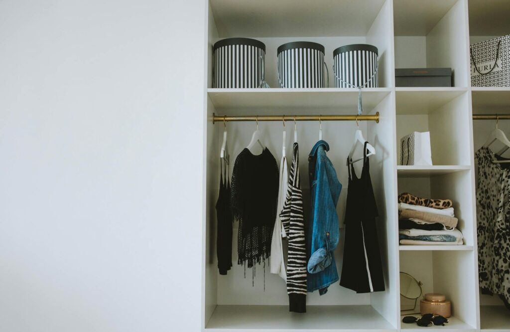 Spacious clothes storage with shelves and hangers for neatly organizing your wardrobe.