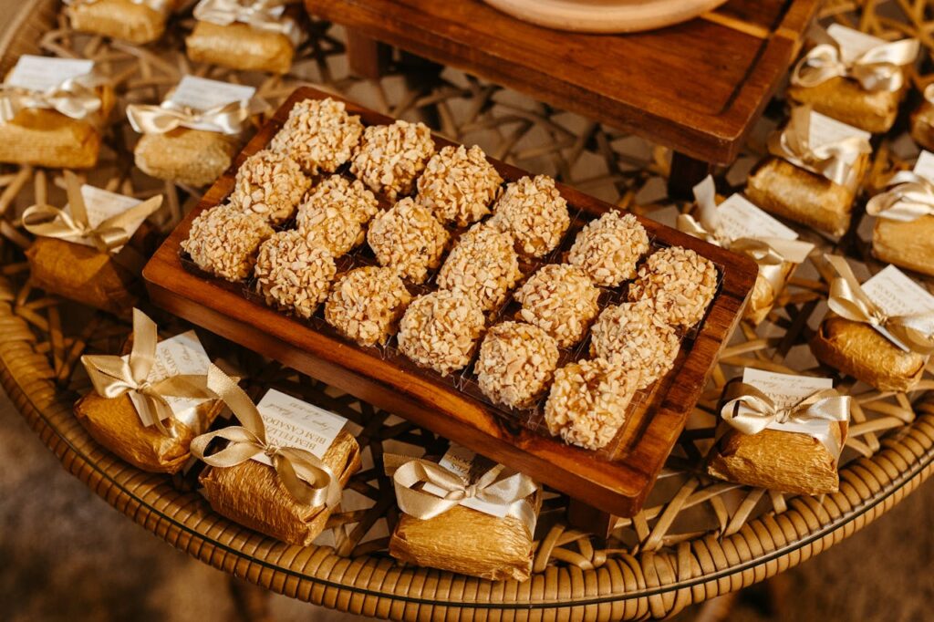 Round chocolates and cute gifts arranged on a well-organized table, creating a romantic atmosphere for a Valentine's Day 2025 party.