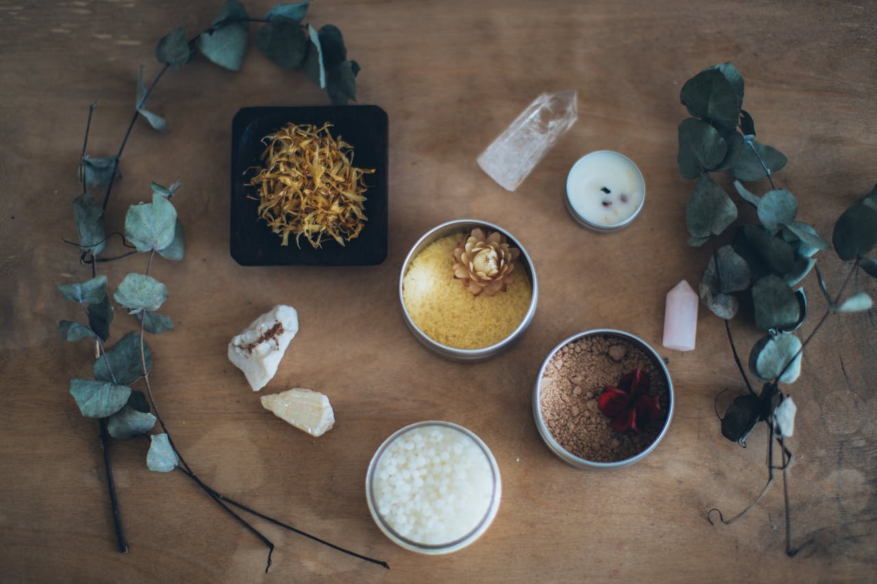 A collection of spa essentials arranged on a table for a relaxing spa retreat on Valentine's Day 2025.