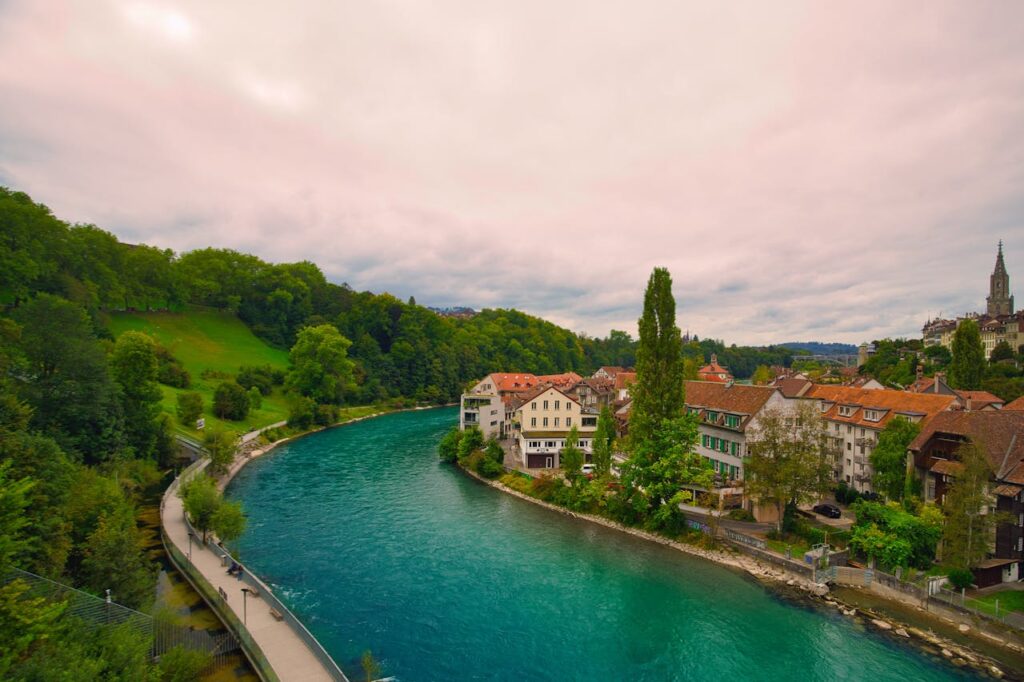 Scenic view of Aare River bend in Bern, perfect for a Switzerland travel itinerary.
