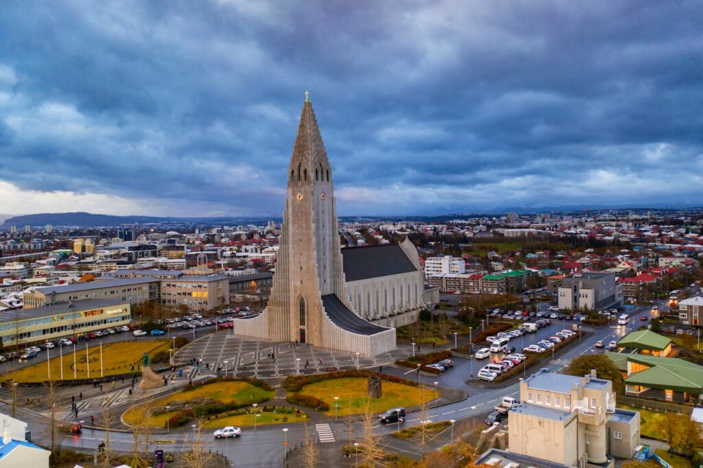 Aerial view of Hallgrímskirkja Church and Reykjavik city, a highlight in an Iceland travel itinerary.