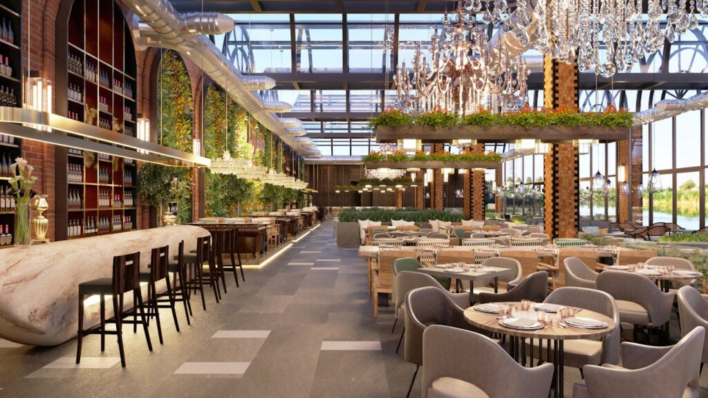 Luxury airport lounge with bar and dining, showcasing American Express Global Business Travel Benefits for comfort and style before your flight.