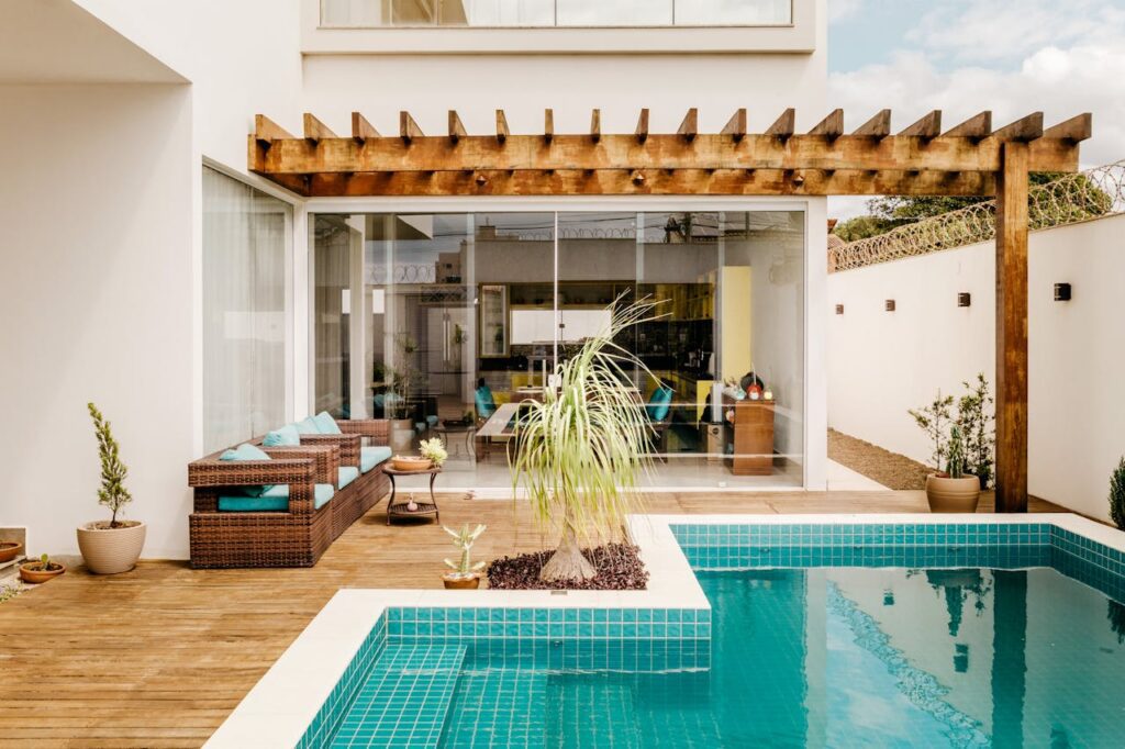 Luxury Airbnb property with terrace swimming pool showing unique feature to increase Airbnb bookings